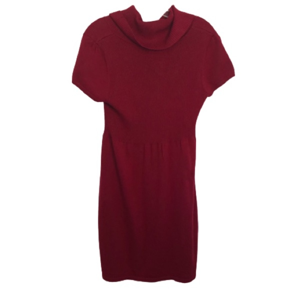 Pink Rose Red Turtleneck Sweater Dress – Size M, Cozy Short Sleeve Knit